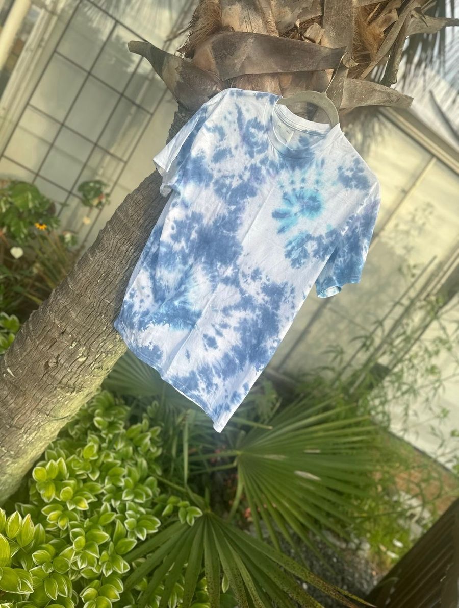 Crumple-dye indigo piece by Shera Simone